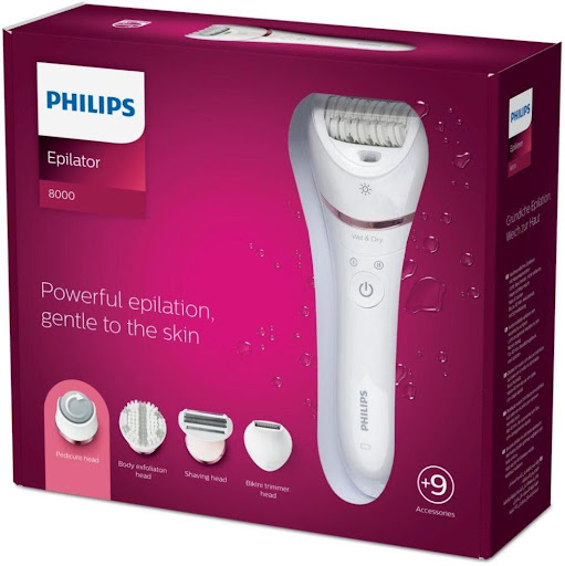 Depiladora Seco Y Húmedo Serie 8000 9 Accesorios Philips Caja x 1 La depiladora Philips Serie 8000 elimina vello desde 0,5 mm con discos cerámicos y 32 pinzas. Inalámbrica, uso en seco o húmedo. Incluye 9 accesorios para depilación completa.