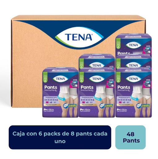 Tena Pants Nocturno Talla L x 8 und.  Tena Caja x 6 Ropa interior absorbente para la noche, ofrece confort y seguridad durante el sueño.