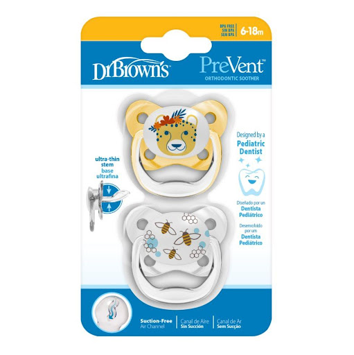 Chupo Entretencion Prevent N2 Verde x2und Dr Browns Tetina x 1 ¡Calmar al bebé con seguridad nunca ha sido tan inteligente! Los chupetes Dr. Brown’s® PreVent™ son tan adorables como efectivos. Diseñados por un dentista pediátrico, la pera 100 % de silicona cuenta