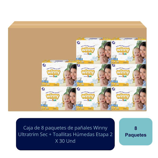 Pañales Ultratrim Sec + Toallitas Húmedas Etapa 2 X 30 Und Winny  Caja x 8 Kit de ahorro con pañales de ajuste perfecto y toallitas suaves. Todo lo necesario para el cuidado de tu bebé en crecimiento.