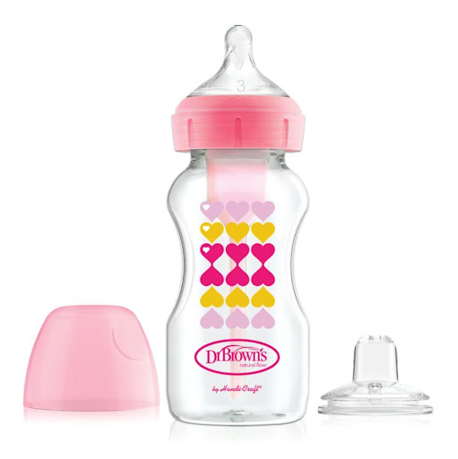Tetero Dr brown 9 Oz Rosado Chupo N-3 Boquilla de Transicion Dr Browns Botella x 1 Tetero Options+ boca ancha de 9 onzas con opción de convertirse en vaso entrenador ya que incluye una boquilla de transición, basta con cambiar el chupo por la boquilla y tu niño ni lo notará, la tran