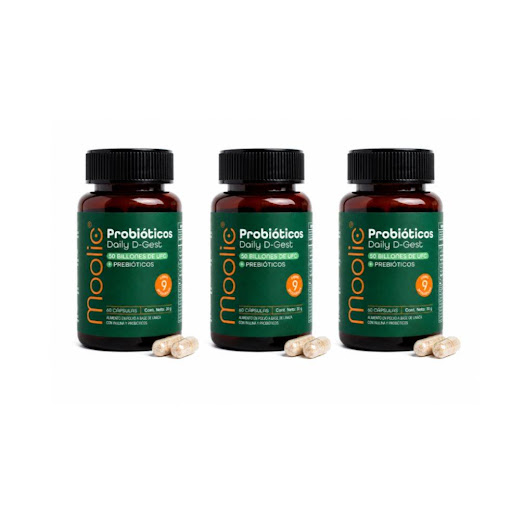 Probióticos 50 Billones Con Prebióticos 60 Cápsulas 30 Gr Daily D-gest x 3 unidades Moolic Tarro x 3 Probióticos con prebióticos Daily D-Gest Moolic 60 cápsulas con 50 billones UFC y 9 cepas activas. Equilibra la microbiota, mejora la digestión, reduce hinchazón y fortalece el sistema inmune. Ideal p