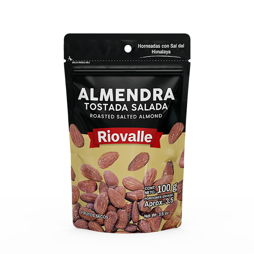 Frutos Secos Riovalle Almendra Tostada Salada  Megamarket Bolsas Doypack x 1 Frutos Secos RIOVALLE Almendra Tostada Salada X 100 Gr, almendras seleccionadas con tostado uniforme y toque salado. Snack crocante, práctico y listo para consumir. Ideal para cualquier momento del dí