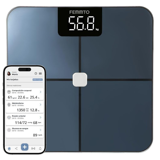 Balanza Digital con Bluetooh, analisis corporal, app  FEMMTO Caja x 1 Balanza inteligente Femmto BCS05 con tecnología que envía una señal segura a través del cuerpo para calcular grasa corporal con mayor precisión. Cuenta con 4 electrodos internos y estructura amplia de