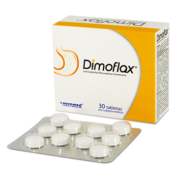 Dimoflax Levosulpirida + Pancreatina + Simeticona 25mg/150mg/80mg Novamed Caja x 30 Tabletas  