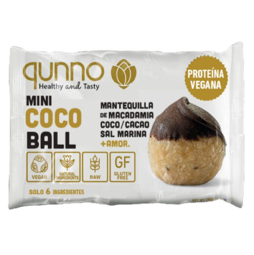 Pack Mini Coco Ball  qunno 27 gramos x 12 Bolita energética de coco, macadamia, cacao y avena con un toque de sal marina. Alta en proteína, fibra y grasas saludables. Un snack tropical sin gluten que nutre y sorprende en cada bocado.