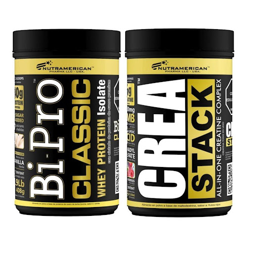 Combo Proteina Bipro Classic Vainilla 1 lb + Creatina Crea Stack 1.3 LB NUTRAMERICANPHARMA Tarro x 0.9 Lb (408g) y 1.3 Lb (600g) Combo para para máxima fuerza y ​​volumen muscular, se compone de 1 Bipro Classic 1 lb, es una proteína de suero de alta pureza y concentración, con mínimos niveles de grasa y lactosa. 1 Crea Stack, e