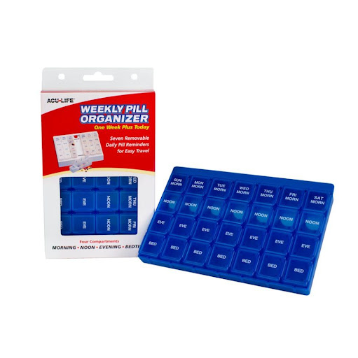 Pastillero Semanal Recordador Dosificado Acu-life Blister x Unidad El organizador semanal es ideal para mantener tus pastillas organizadas. La tapa se cierra herméticamente para que el contenido permanezca seguro en su interior. El plástico transparente permite ver f