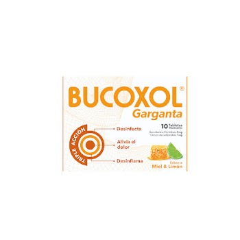 BUCOXOL TRIPLE ACCIÓN MIEL LIMON 3/1MG CAJ.X10TAB.LAS BENCIDAMINA CLOR  