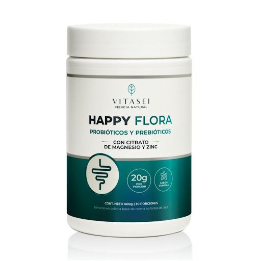 Beauty Boost Happy Flora Probióticos, Prebióticos, Magnesio Y Zinc 600g VITASEI BEAUTYBOOST  Frasco  x 1 Happy Flora es una fórmula diseñada para complementar tu bienestar digestivo de forma práctica, deliciosa y fácil de disfrutar todos los días. Su combinación de probióticos y prebióticos ayuda a integ