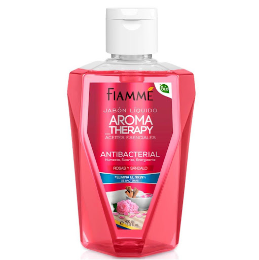 Jabón antibacterial aromatherapy Rosa y sándalo  x400ml Fiamme frasco x 1 Jabón Líquido para manos y cuerpo; contiene Aloe Vera y Glicerina que hidratan, protegen la piel, imparten suavidad y emolientes que humectan la piel ayudando a evitar la resequedad.