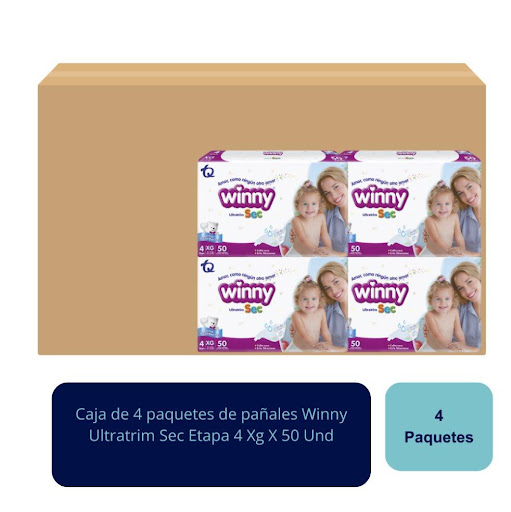 Pañales Ultratrim Sec Etapa 4 Xg X 50 Und Winny  Caja x 4 Winny Ultratrim Sec, línea súper absorbente que mantiene seca la colita de tu bebé hasta por 12 horas. Con su sistema ultra-absorbente retiene y gelatiniza la orina en el interior del pañal y su capa 