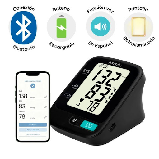 Tensiómetro Digital con Bluetooth Recargable, voz y app Femmto Caja x 1