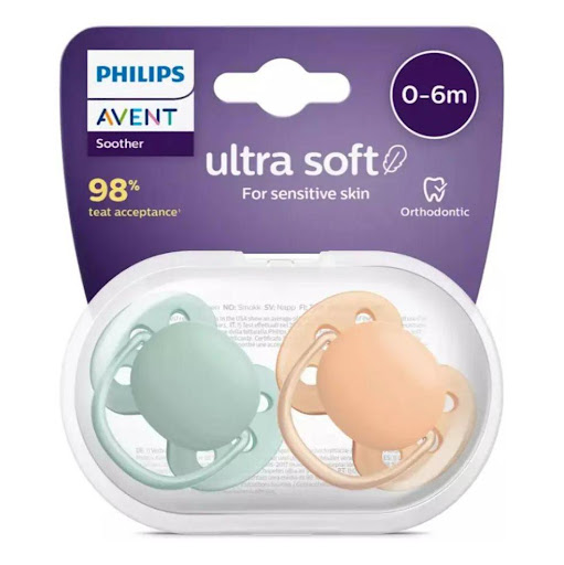 Chupete Avent Ultra Soft 0 a 6 meses Philips Avent Blister x 2 Chupo premium ultrasuave, ideal para piel sensible, diseño ortodóntico y materiales seguros, pensado para máxima comodidad en bebés de 0 a 6 meses.