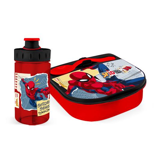 Set Contenedor Tixe + Botella  Poxe Spiderman Notebook  WANTU CAJA x 2 Set Lonchera Spiderman, incluye Contenedor con Cuchara y Botella 11 onzas
