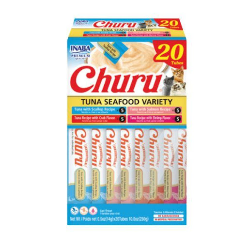 CHURU F CAJA * 20 ATUN 280 GR CHURU  x 20 Snack cremoso para gatos con una variedad de sabores de atún y mariscos. Ideal para premiar y consentir a tu felino.