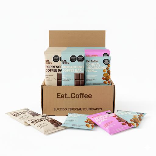 Box Mix de barras Espresso, Mocaccino, Uchuva Pops y Arándanos Pops Eat Coffee Caja con snacks individuales x 12 Ideal para probar todos los productos de Eat Coffee en versión individual. También ideal para una experiencia de sabores variados y funcionalidad para todos los días. Caja x 12 unidades con 3 unidades