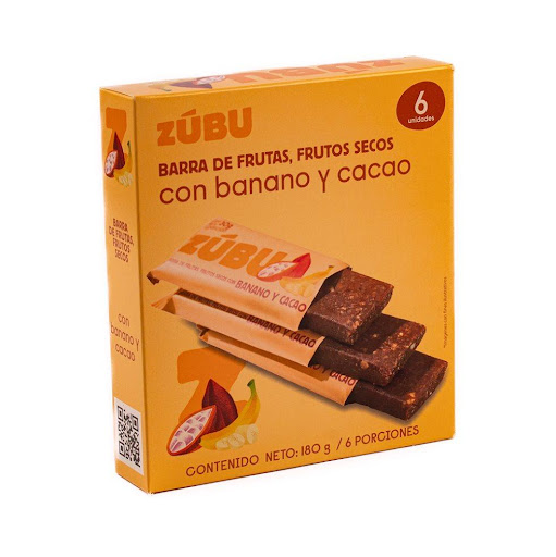 BARRA DE FRUTOS SECOS CON BANANO Y CACAO ZUBU CAJA x 6 Barra 100% natural de banano y cacao (30g), sin azúcares añadidos ni aditivos. Energía limpia y deliciosa para tu snack diario, antes o después de entrenar, en la oficina o en movimiento.