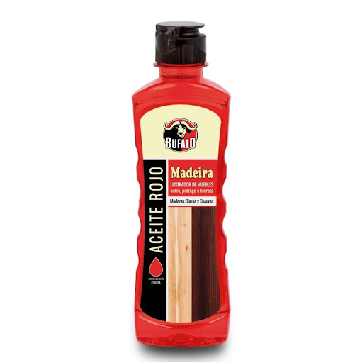 Of. Aceite rojo Búfalo X 200 cm³ gratis paño. BÚFALO Frasco x 1 Und Aceite Rojo Madeira es una composición de aceite mineral, solventes alifáticos y aroma que confiere brillo inmediato y brinda protección contra la humedad, a muebles de madera de color claro u oscuro.