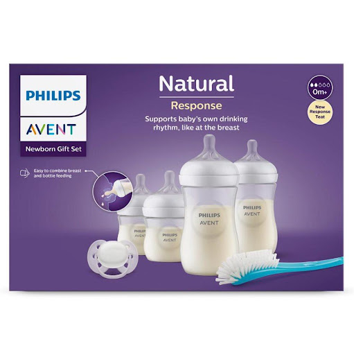 Set de Regalo Philips AVENT Natural Response para bebé 125/ 4 oz con flujo 2, 260 ml/ 9 oz con flujo 3 (tetina 0 m+), SCD838/11 Avent Caja x 6 Set Avent para recién nacidos con biberones anticólicos, chupete y cepillo de limpieza. Diseño pensado para una alimentación cómoda y sin cólicos desde el primer día.