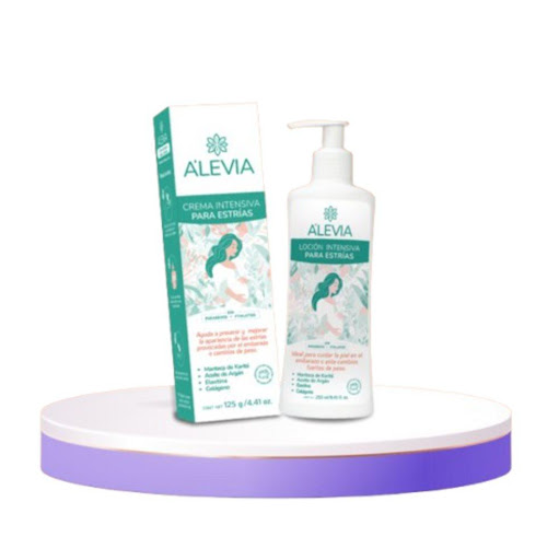 DÚO ANTIESTRIAS ALEVIA CREMA+ LOCIÓN INTENSIVA ALEVIA PACK X 2 UND x 2 El Dúo Antiestrías A’levia ha sido desarrollado como un tratamiento integral para el cuidado, prevención y mejora de la apariencia de las estrías. La combinación de la Crema Intensiva Antiestrías y la