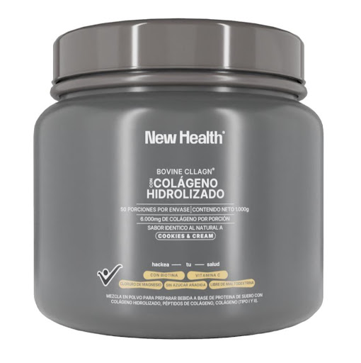 Colágeno Hidrolizado Cookies  Newhealth Tarro x 1000gr x 1 und Colágeno hidrolizado sabor Cookies and cream previene la caida del cabello, problemas digestivos y deterioro de uñas. Concentración de 8.000mg de Colágeno por porción, es de Origen Bovino, adicionado 