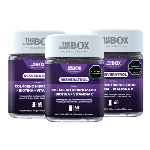 Colageno Hidrolizado + Biotina y Vitamina C en gomitas x3 THE GUMMY BOX TARRO X 60 GOMITAS x 3 Pack x2 Resveratrol - Tu rutina de belleza diaria, ahora en versión deliciosa y práctica.
Estas gomitas funcionales combinan resveratrol, colágeno hidrolizado, biotina y vitamina C, en una fórmula dis