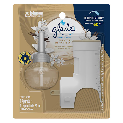 Ambientador Glade Aceites Naturales Abrazos De Vainilla 1 und + Repuesto Frasco x 21 ml