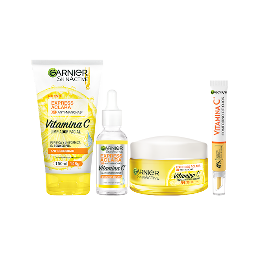 Combo Garnier Express Aclara Gel Limpiador + Crema + Serum + contorno de ojos Pack x 4 und