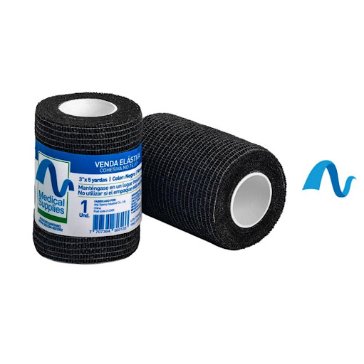 Venda Elastica Cihesiva 3"x4.5 Mts Color Negro Pte x 2  Medical Supplies  Pte x 2  x 2 Venda elástica cohesiva de 3” x 4.5 m color negro, autoadherente y flexible. Brinda soporte y compresión sin necesidad de ganchos, no se adhiere a la piel y es ideal para uso médico, deportivo y veter