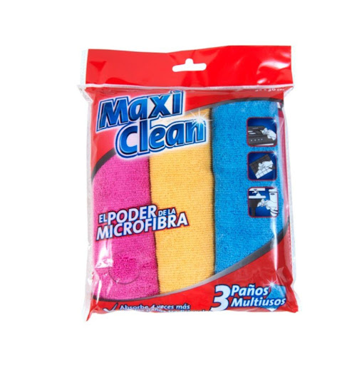 Paño Microfibra Limpieza Maxiclean 3 Unidades Maxiclean Bolsa x 3 Paño versátil diseñado para retener eficazmente el polvo y la suciedad gracias a su composición de microfibra. Esta característica le confiere un notable poder de absorción, capaz de retener líquidos 