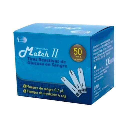 Tiras Match ll Caja x 50 Unidades 50 Lancetas Generic Ofc  x 1 Incluye 50 tiras y 50 lancetas, diseñado para la medición cuantitativa de glucosa en sangre capilar recién extraída. Compatible exclusivamente con los medidores Match II, permite un monitoreo preciso 