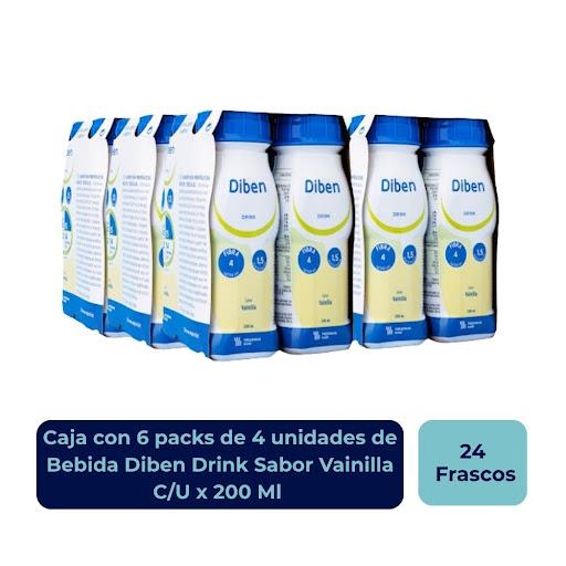 Bebida Diben Drink Sabor Vainilla Paca x4Uni cada una x200 Ml Fresenius Kabi Fresenius Caja x 6 Alimento líquido para propósito médico especial, polimérico para alimentación vía oral o por sonda. Fórmula hipercalórica e hiperproteica, a base de proteína de alto valor biológico con fibra, vitamin