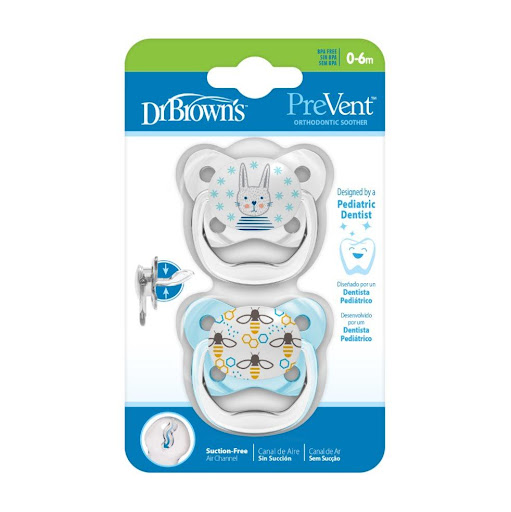 Chupo Entretencion Prevent N1 Verde Azul x2und Dr Browns Tetina x 1 ¡Calmar al bebé con seguridad nunca ha sido tan inteligente! Los chupetes Dr. Brown’s® PreVent™ son tan adorables como efectivos. Diseñados por un dentista pediátrico, la pera 100 % de silicona cuenta