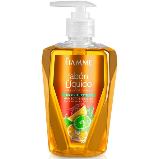 Jabón líquido tropical citrus x400ml  Fiamme frasco x 1 Jabón Líquido para manos y cuerpo; contiene Aloe Vera y Glicerina que hidratan, protegen la piel, imparten suavidad y emolientes que humectan la piel ayudando a evitar la resequedad