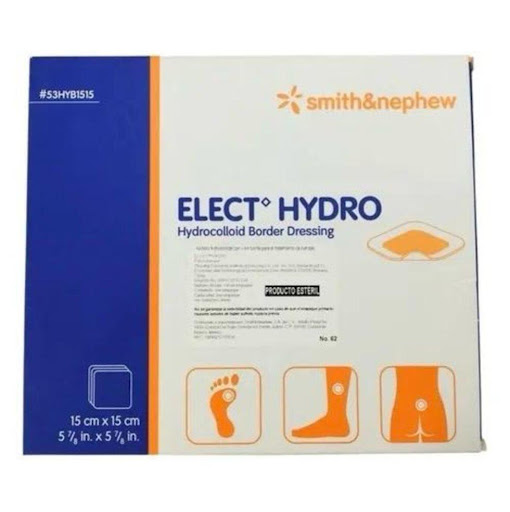 ELECT HYDRO BORDER 15X15 CM SMITH Smith & Nephew unidad x 1 Apósito hidrocoloide estéril, hipoalergénico y absorbente, diseñado para proporcionar un ambiente húmedo de cicatrización. Su capa autoadhesiva está recubierta con una película de poliuretano, lo que 