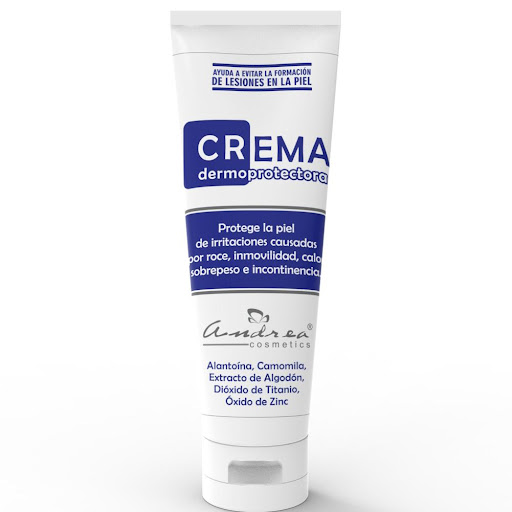 Crema Dermoprotectora ANDREA ACOSMETICS  x 1 Contiene Alantoína, Camomila y extracto de algodón, protege la piel de irritaciones caudadas por quemadura, roce, inmovilidad, calor, sobrepeso e incontinencia. Ayuda a evitar la formulación de lesion