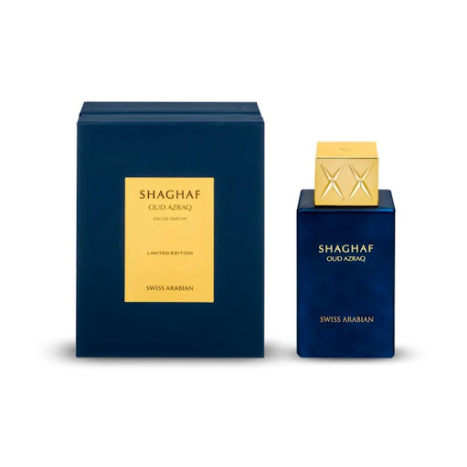 Perfume Swiss Arabian Shaghaf Oud Azraq EDP 75ml Swiss Arabian Botella x 1 Una fragancia de ámbar dorado y oud que aporta la calidez del lujo y el buen gusto a un día frío. Endulzada con miel y enriquecida con precioso oud, un cálido corazón de especias late con un ritmo apa