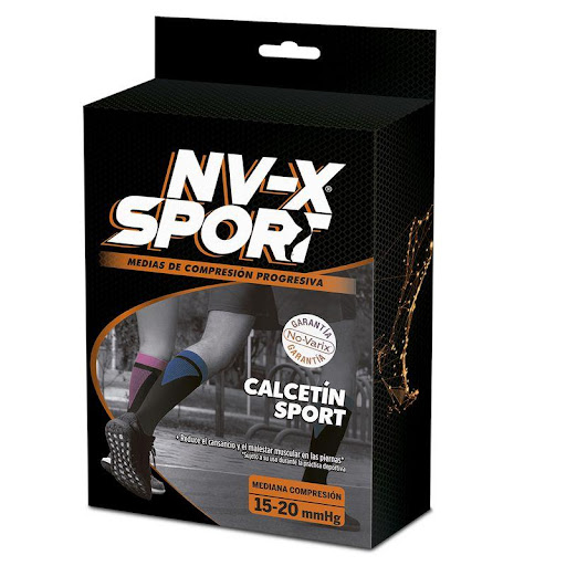 Media de compresión deportiva unisex 15-20 mmHg NV-X Sport white/black M No- Varix  x 1 Las medias deportivas NV-X� Sport de mediana compresión 15-20 mmHg ofrece compresión progresiva para minimizar el movimiento muscular durante el ejercicio; recomendadas para usar antes, durante y desp