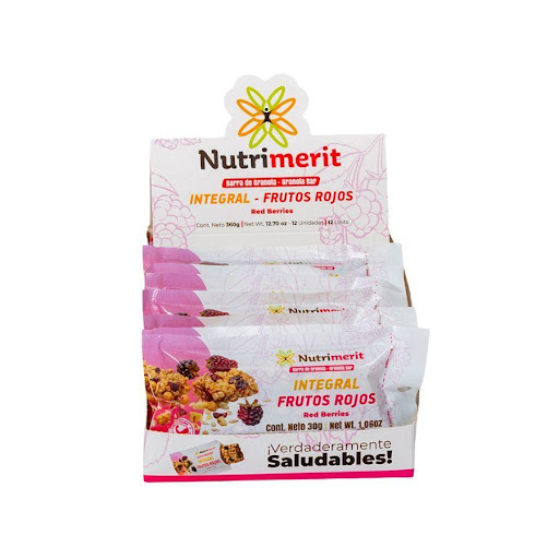 Barra de Granola Integral Frutos Rojos Nutrimerit Caja x 8 Caja por 8 unidades de Barras de Granola Integral Frutos Rojos Nutrimerit por 240g. Ingredientes: maní, arroz integral, semillas de girasol, nueces, arándanos, quinua, mora, miel de caña, glucosa, ñam