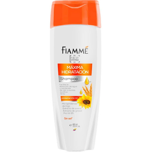 Shampoo hidratación maxima x400ml Fiamme frasco x 1 Especial para cabellos secos y deshidratados, actúan en tres dimensiones: cuero cabelludo, folículo piloso y fibra capilar otorgando máxima hidratación.