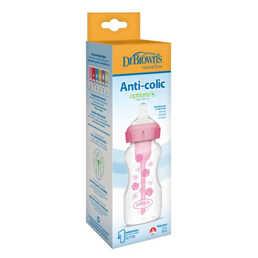 Tetero Dr. Brown's 9oz Options+ BA Rosado Dr Brown's Botella x 1 Tus opciones nunca han sido mejores que con el biberón de cuello ancho Anti-Colic Options+™ de Dr. Brown's Natural Flow®, ahora en una presentación decorada con divertidos dibujos infantiles pero cons