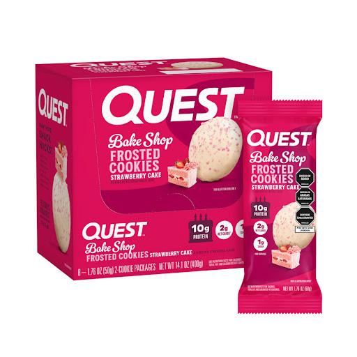 galleta glaseada torta de fresa QUEST NUTRITION bolsa x 1 galleta glaseada quest con sabor a torta de FRESA, suave y cubierta con glaseada, con 11 gr de proteina, bajo en azucar y solo 1 gr de carbohidratos netos. Ideal apra disfrutar un sabor dulce tipo pas