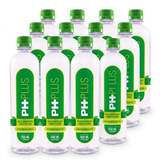 Agua Alcalina pH 9.0 SABORIZADA HIERBABUENA - 500 ml  PH PLUS PET x 12 PH PLUS Hierbabuena contrarresta la acidez de tu dieta diaria con un suave toque natural al final. pH 9, pureza del 99% y sabor natural en 500ml. Más de 1.800 familias colombianas lo saben desde 2014.
