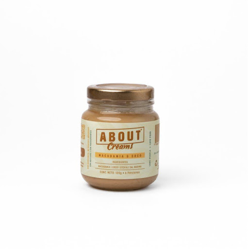Crema Macadamia & coco 120g ABOUT Envase de vidrio x 1 Crema untable de macadamia y coco, 100% natural. Elaborada con macadamia y coco deshidratado, con un toque de stevia y sal marina (menos del 1%). Sin azúcares añadidos, sin conservantes ni grasas añad