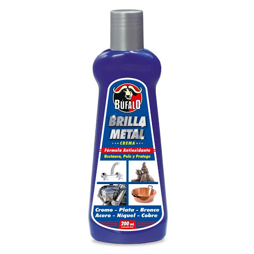 Crema Brillametal Búfalo X 200 Ml BÚFALO Frasco x 1 Und Fórmula antioxidante, fácil de aplicar, brilla y pule objetos de plata, cromo, bronce, acero y níquel, deja una película que protege y restaura sin dejar rayones.

FORMAS DE USO 
Agitar antes de usar.