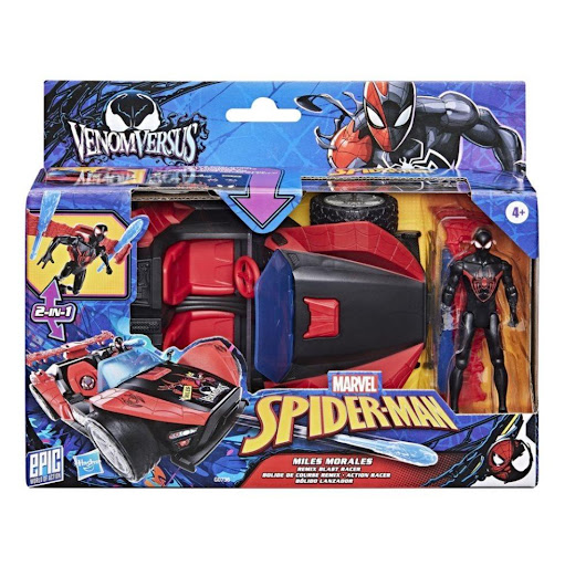 Figura Spiderman Venomversus Bólido Lanzador Miles Morales Marvel  x 1 Incluye una figura articulada de Miles Morales y un vehículo lanzador con espacio para dos figuras. El vehículo cuenta con proyectiles arácnidos y diseño inspirado en el universo de Spider-Man.