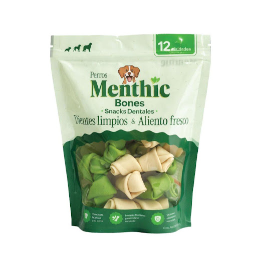 Menthic Bones 12 unidades, 240 gramos Menthic bolsa x 12 Misma fórmula Menthic de siempre — con ingredientes 100% naturales como menta y perejil que ayudan a reducir el sarro, refrescan el aliento y protegen las encías de manera segura.

Huesos flexibles di