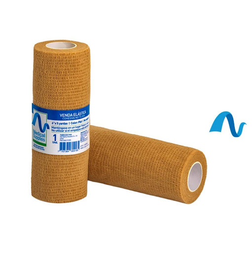 Venda elastica cohesiva de 6"x4.5 Mts Color Piel  Medical Supplies  1 x 1 Venda cohesiva Medical Supplies, elástica y autoadherente, que se fija sobre sí misma sin necesidad de adhesivos. Brinda compresión y soporte seguro, no se adhiere a la piel ni al vello. Ideal para fi
