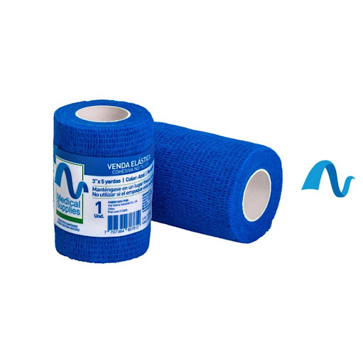 Venda Elastica Cohesiva 3"x 4.5Mts Azul Pte x 2  Medical Supplies  2 x 2 Venda elástica cohesiva de 4” x 4.5 m color azul, autoadherente y flexible. Brinda soporte y compresión sin necesidad de ganchos, no se adhiere a la piel y es ideal para uso médico, deportivo y veteri